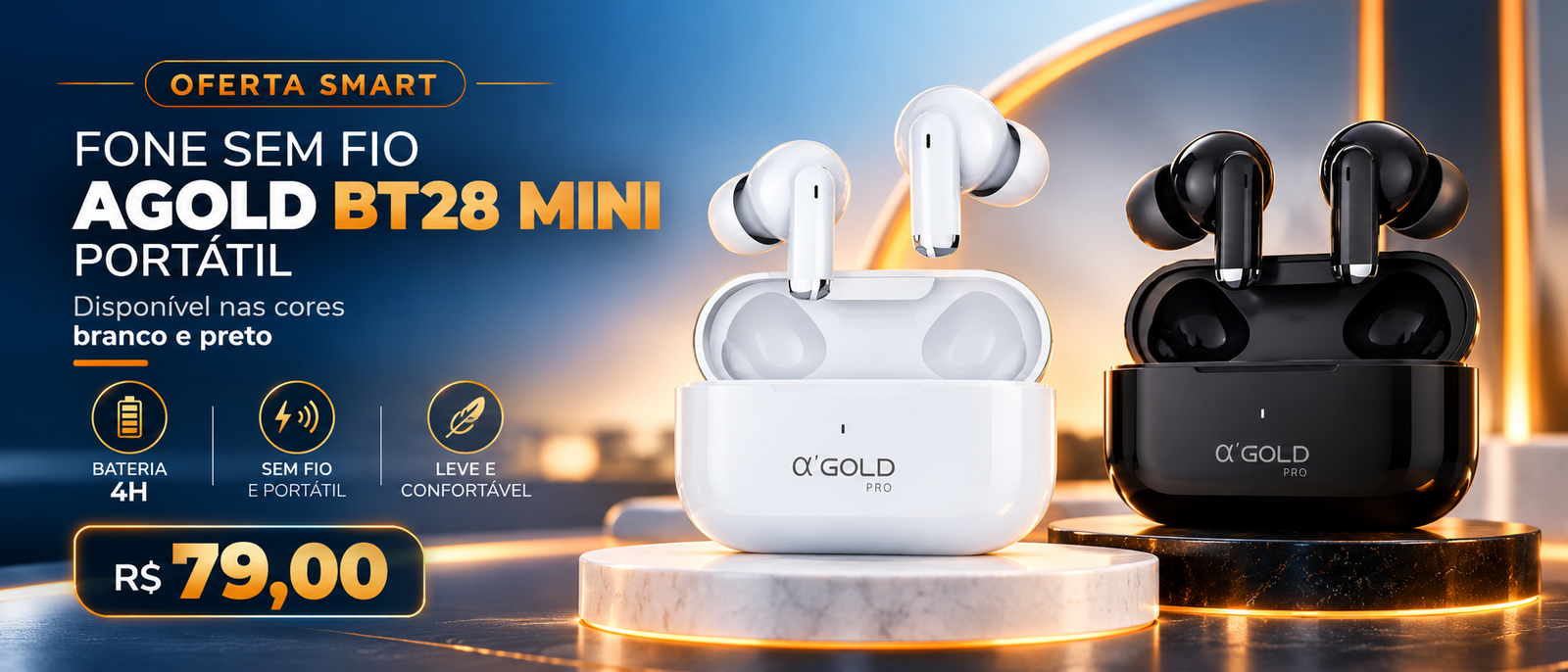 Fones sem fio AGOLD BT28 Mini branco e preto por R$79,00.