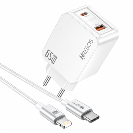 CARREGADOR TIPO C + USB HREBOS 65W CRG387CI BRANCO