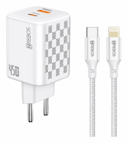 CARREGADOR TIPO C + USB HREBOS 45W CRG219CI BRANCO
